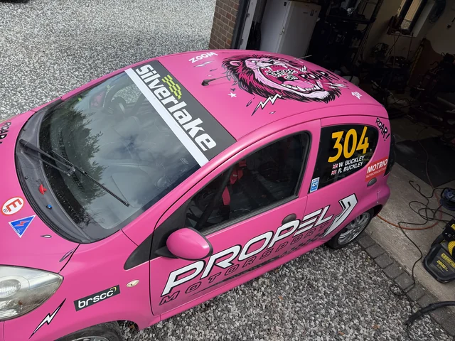 The Three oh ROAR roof artwork and yellow 304 on the actual car