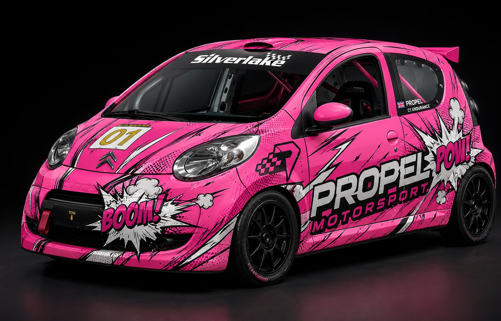 Propel Motorsport Citroën C1 race car in telemagenta pop-art livery, car number 01