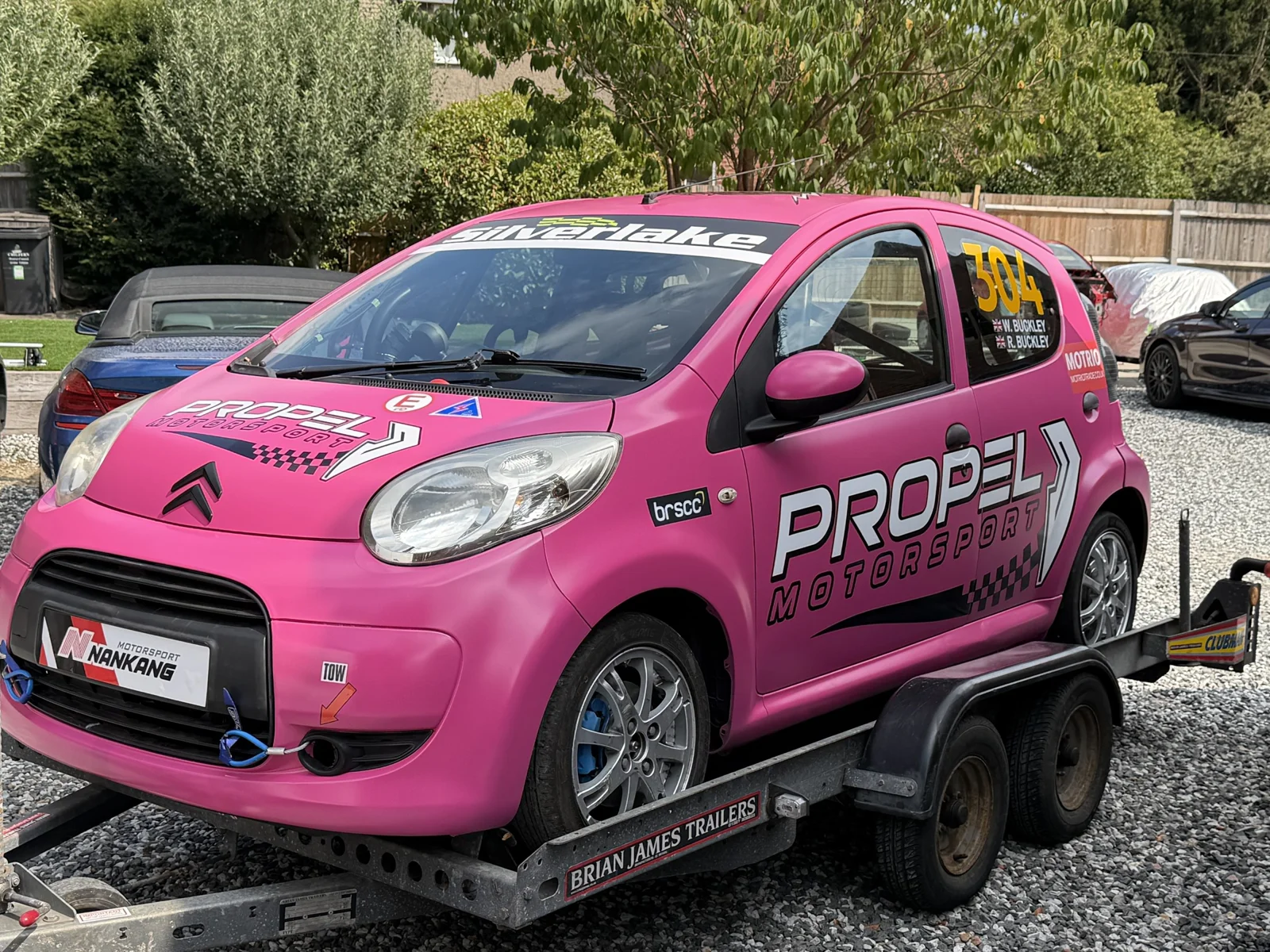 The completed pink number 304 C1 on its trailer, ready for the shakedown